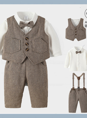 男孩绅士套装背带裤三件套秋冬加绒保暖礼服婚礼宝宝周岁外出服装