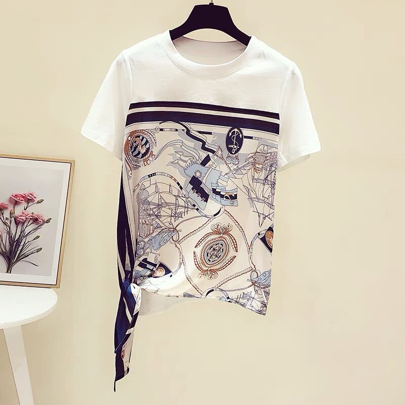 간호 티셔츠 여름 산후 복고풍 인쇄 나들이 패션 느슨한 서양식 간호 탑 라운드 넥 HOT MOM FASHION