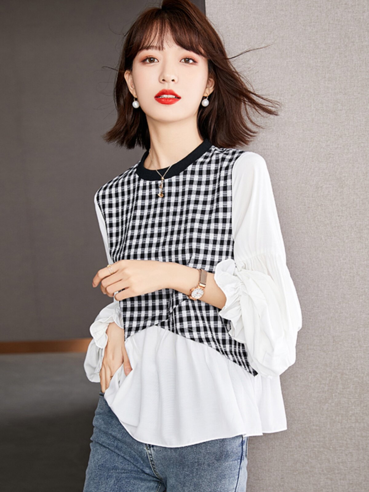 초가을 디자인 틈새 루즈 스플라이스 긴팔 연령감소용 산후수유셔츠와 나들이용 핫맘스타일 수유탑