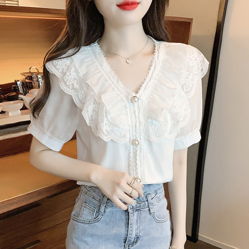 여름 신작 패셔너블 브이넥 러플 쉬폰 산후 수유복 멋쟁이 반팔 나들이 수유상의