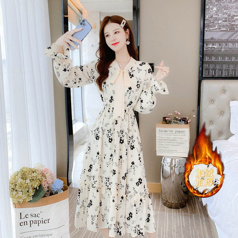가을겨울 외출용 수유원피스 날씬해보이는 레트로 프린트 리본 산후벨벳 따뜻함 수유하의원피스 트렌디