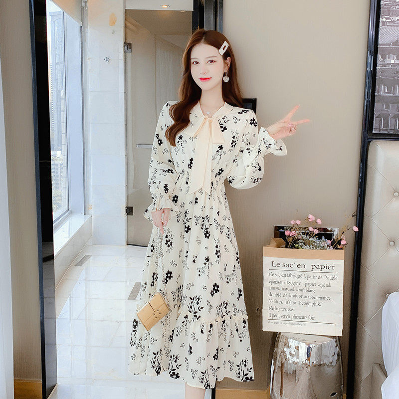 가을겨울 외출용 수유원피스 날씬해보이는 레트로 프린트 리본 산후벨벳 따뜻함 수유하의원피스 트렌디