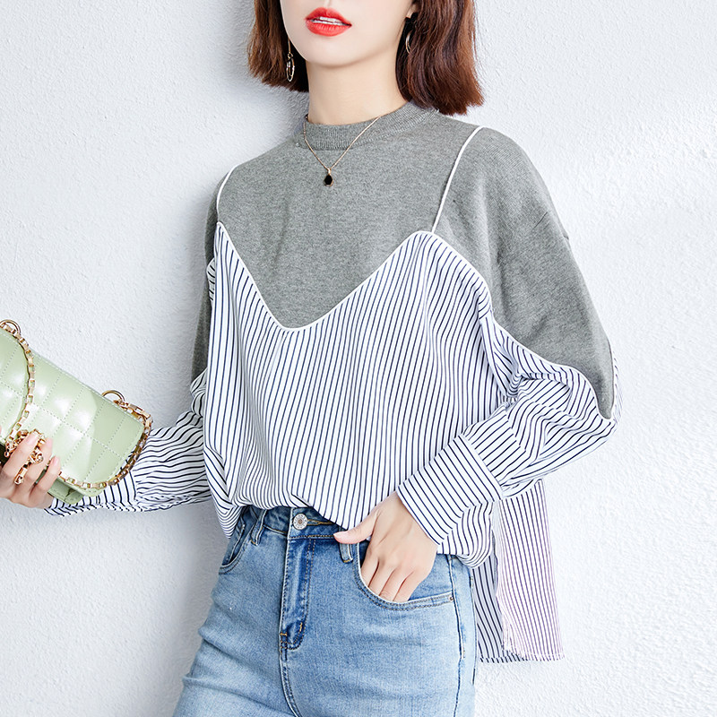 간호 탑 가을 긴팔 산후 접합 스트라이프 느슨한 야외 유행 간호 의류 가짜 투피스 핫 엄마 모델