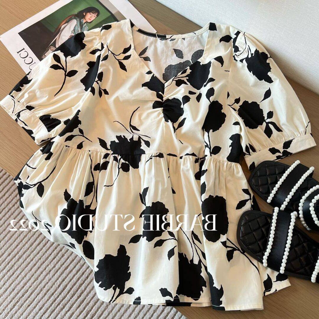 여름 새 스타일 꽃 퍼프 슬리브 느슨한 덮음 배꼽 산후 모유 수유 셔츠 반팔 뜨거운 엄마 모유 수유 탑