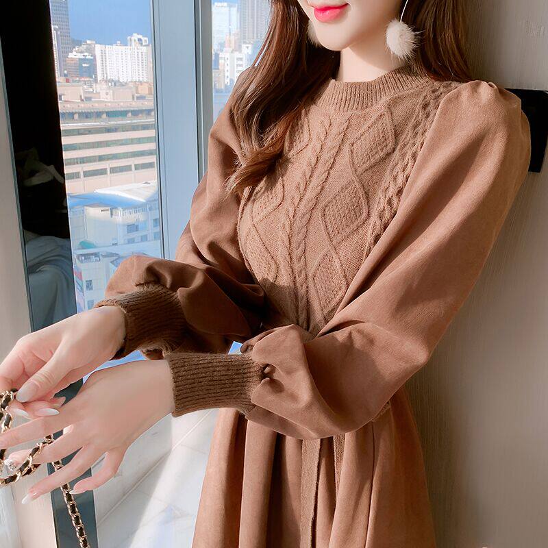 간호 복장 가을 겨울 긴 소매 산후 니트 스플 라이스 가짜 투피스 나들이 중간 길이 슬림 간호 바닥 복장