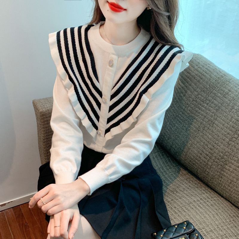 간호 니트 탑 산후 긴 소매 가을 겨울 레이스 라운드 넥 컬러 매칭 나들이 기질 슬림 피트 간호 바닥 셔츠 유행