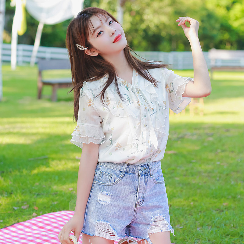 여름 새 스타일 꽃 복고풍 쉬폰 산후 간호 셔츠 세련된 핫 엄마 스타일 반팔 나들이 간호 셔츠 탑