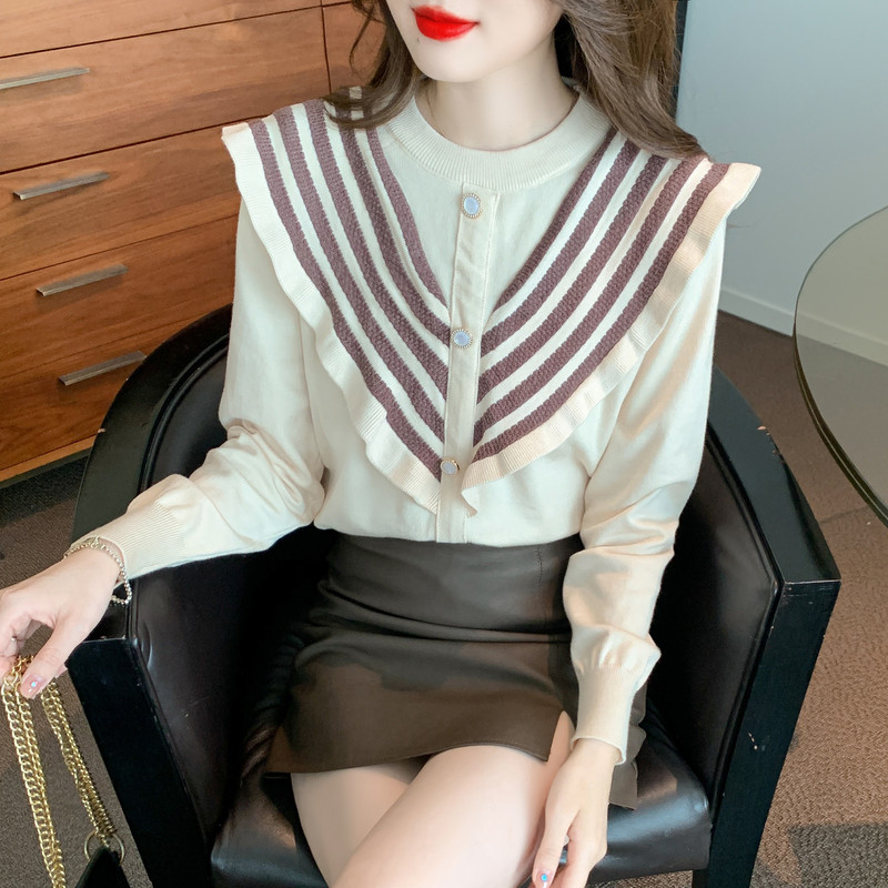 간호 니트 탑 산후 긴 소매 가을 겨울 레이스 라운드 넥 컬러 매칭 나들이 기질 슬림 피트 간호 바닥 셔츠 유행