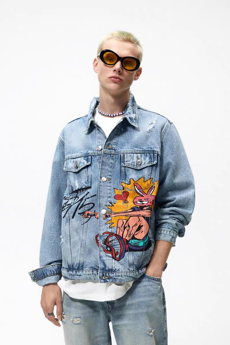 宽松百搭涂鸦印花牛仔夹克外套