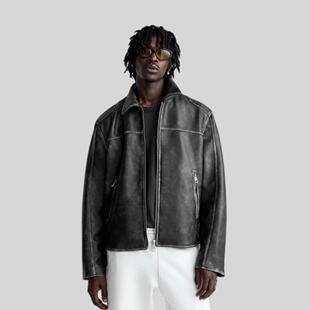 2024 年秋季男装水洗做旧复古仿皮夹克机车皮衣外套 5320403