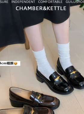 2025新真皮棕色英伦风厚底乐福鞋女圆头一脚蹬小皮鞋百搭懒人单鞋