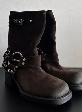 CHAMBERKETTLE废土西部牛仔靴女新款擦色欧美中筒靴搭扣骑士靴