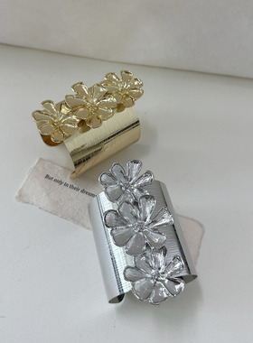 欧美夸张气质优雅金属花朵装饰硬质手镯ZA时尚轻奢宽版开口手环女