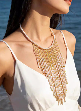 欧美夸张重工手工编织多层珍珠链条流苏项链波西米亚度假风锁骨链