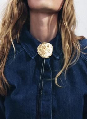 ZA西部牛仔风凹凸玫瑰项链欧美轻奢复古不规则金属圆牌颈链可调节