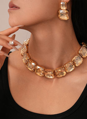 两件套个性夸张镶钻正方形耳钉项链欧美轻奢小众气质高级感项链女