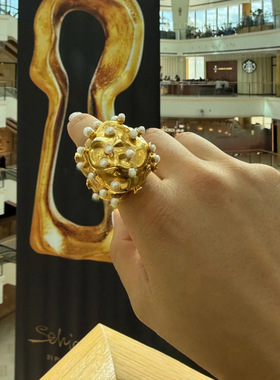 欧美重工高级感个性夸张褶皱圆球珍珠戒指时髦气质名媛风开口指环