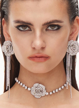 三排满钻玫瑰花朵项链