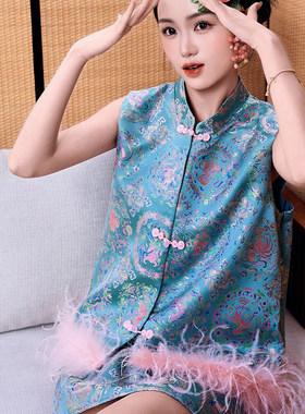 新中式晨拍礼服女新娘复古风无袖蓝色花色立领高级感气质敬酒服短