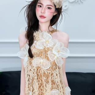 晨拍礼服女新娘法式 高级感挂脖蕾丝礼服金色立体花朵敬酒服敬酒服