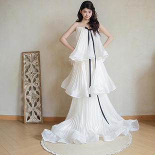 晨拍礼服女新娘法式 气质荷叶边蝴蝶结敬酒服长 高级感白色抹胸无袖