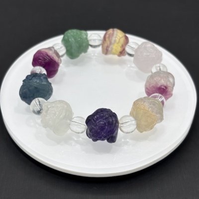 天然彩萤石醒狮雕刻手串原创diy水晶手链散珠女生文玩彩色饰品