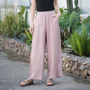 亚麻阔腿裤女夏季新款大码显瘦宽松休闲百搭高腰直筒垂感九分裤