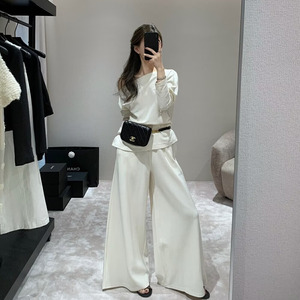 EASE韩系女装 松弛感斜肩一字领上衣阔腿裤两件套纸片人时尚套装