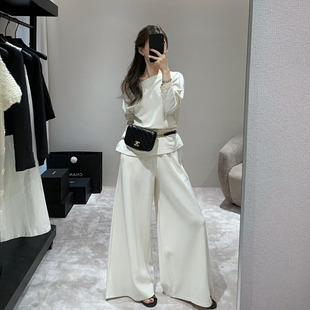 EASE韩系女装 松弛感斜肩一字领上衣阔腿裤两件套纸片人时尚套装