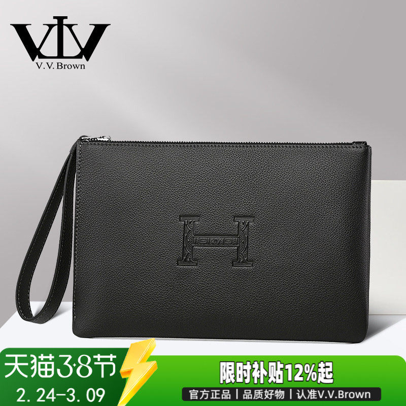 vvbrown新款专柜头层牛皮信封包大容量原创明星代言休闲手拿包男