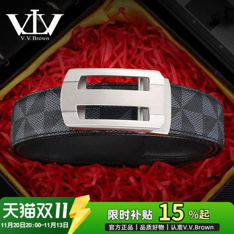VVBrown新款皮带男真皮头层牛皮平滑扣中青年商务休闲印花腰带男