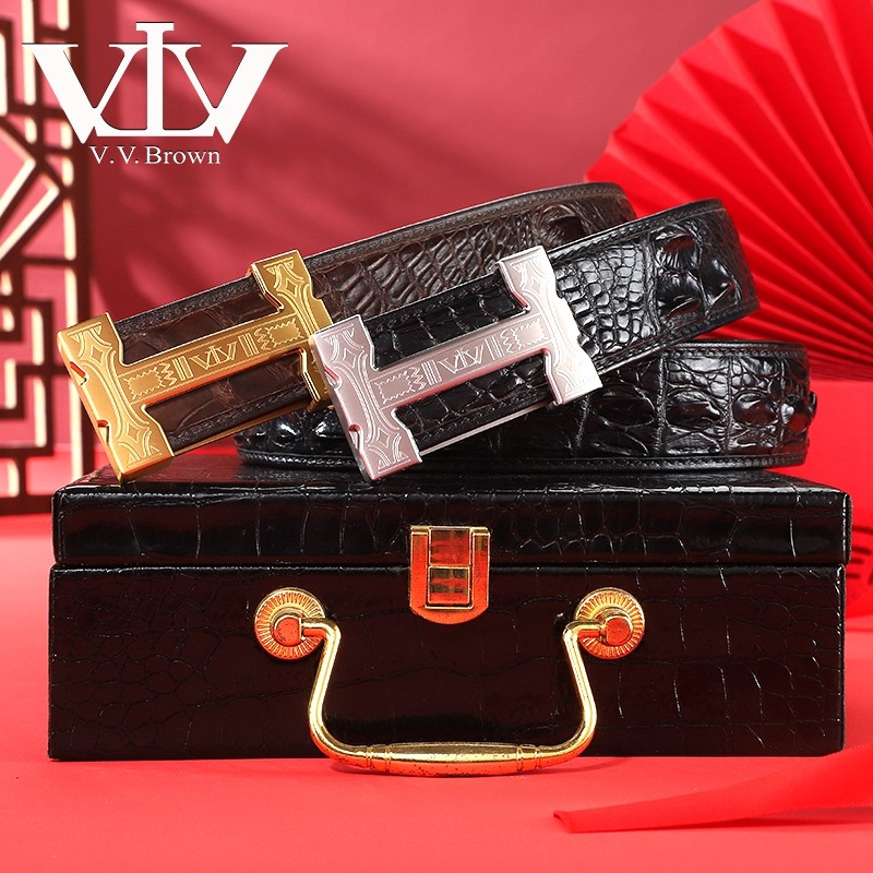 VVBROWN意大利品牌正品鳄鱼皮皮带男真轻奢原创H平滑扣商务男腰带