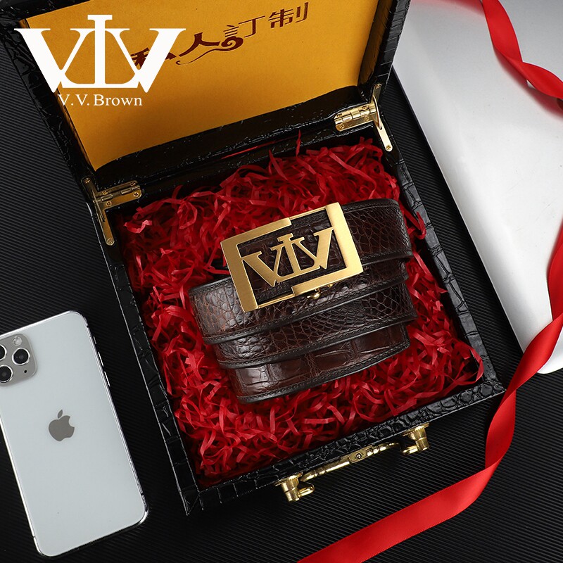 VVBROWN意大利品牌鳄鱼皮内穿皮带正品真皮轻奢高端自动扣腰带男