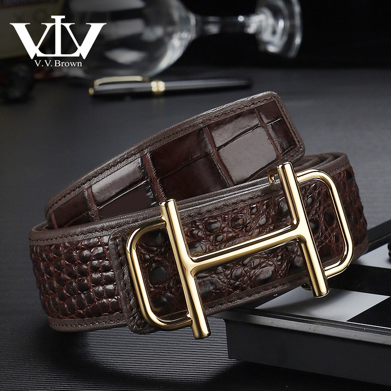 VVBROWN意大利品牌男士鳄鱼腹边皮真皮带高档奢侈正品H平滑扣腰带