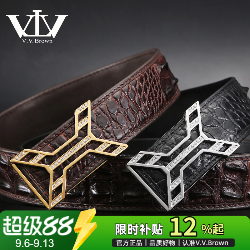 V.V.Brown新款鳄鱼皮皮带男真皮 专柜正品高档平滑扣镶钻轻奢腰带