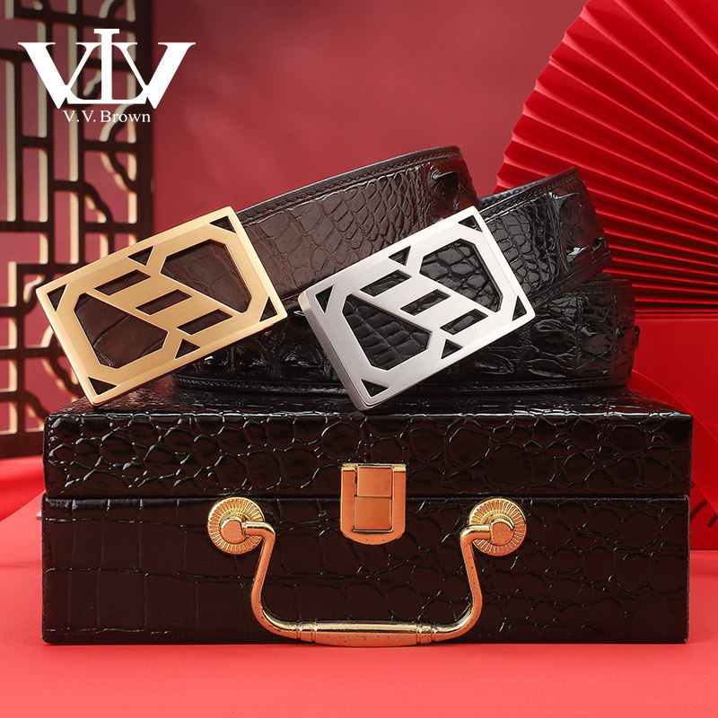 V.V.Brown正品鳄鱼皮男士板扣腰带商务皮带男真皮高档轻奢侈品牌