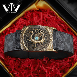 V.V.Brown头层牛皮皮带男士真皮板扣朱雀黄铜腰带男款高档正品潮