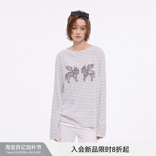 【烟花小马】BiLLconch烫钻条纹长袖t恤女小马印花薄款罩衫上衣