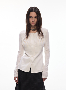 【月光褶皱】BiLLconch镂空肌理感收腰衬衫法式白色针织小外套女