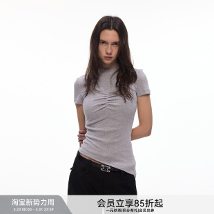 T恤女100%棉修身 BiLLconch半高领胸部抽褶短袖 上衣 女神轮廓