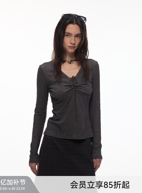 【雾染绑带】BiLLconch抽褶V领绑带长袖T恤女显瘦设计感打底衫
