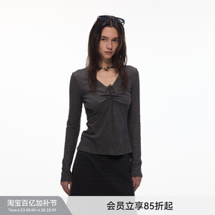 【雾染绑带】BiLLconch抽褶V领绑带长袖T恤女显瘦设计感打底衫