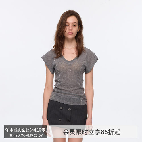【钻石微光】BiLLconch设计感镶钻v领短袖t恤女拼接显瘦上衣夏季