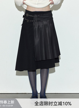 【不对称拼接】Berlinconch黑色半身裙双腰带高腰a字裙2024年秋冬
