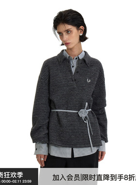 【条纹POLO】BiLLconch灰色条纹刺绣上衣宽松休闲翻领长袖polo女