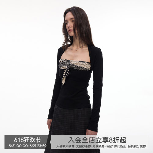 【叠影波点】BiLLconch黑白撞色长袖t恤波点拼接假两件长袖上衣女