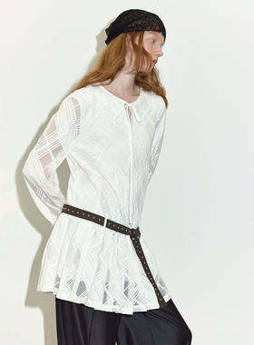 【半透格纹】Berlinconch法式白色长袖连衣裙子百褶裙2024年秋冬