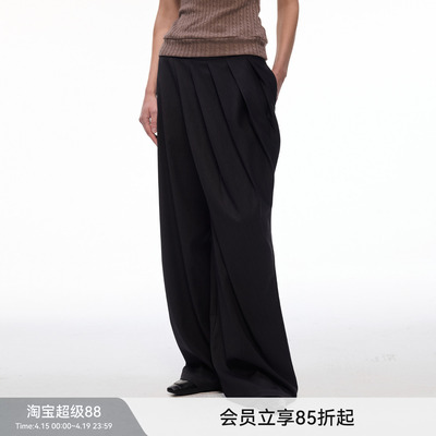 【巴黎夜褶】BiLLconch极简风黑色垂感阔腿裤打褶设计感西装裤女