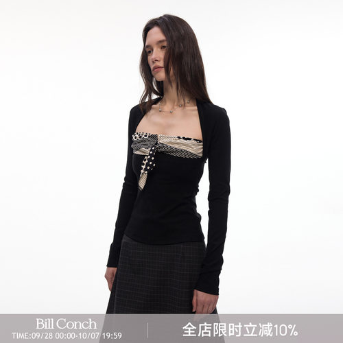 【叠影波点】BiLLconch高弹黑白长袖t恤波点修身假两件上衣女早秋