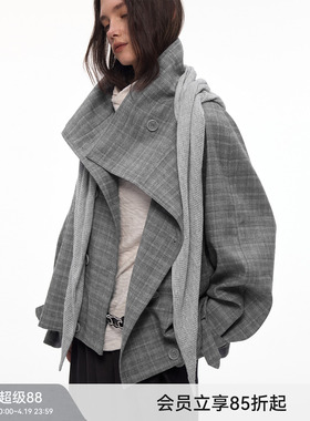 【都市漫行家】BiLLconch高智感·灰色格纹翻领格子外套披肩风衣